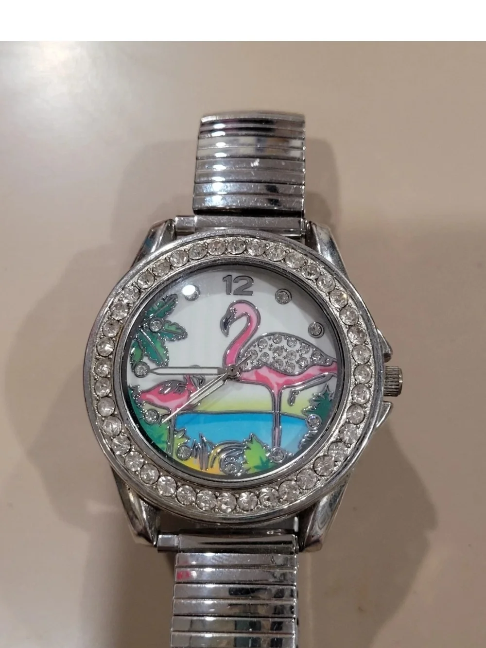 Silver Rhinestone Flamingo Dial Women's Watch - Pink Accent